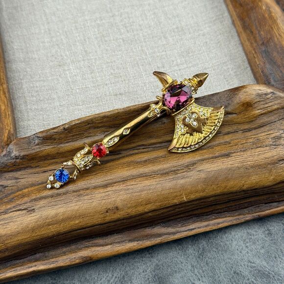 Hatchet Axe Brooch Pendant Vintage Unmarked Gold-tone Metal Rhinestone 3.25" H - Picture 2 of 11
